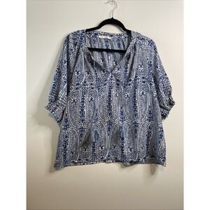 Ellison Large Blue White Paisley Boho Top V Neck Button Front Rayon